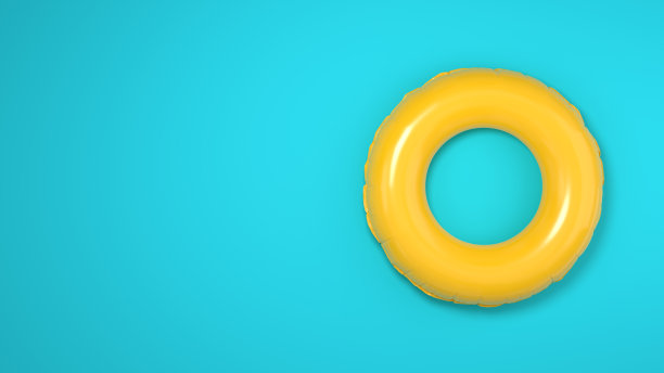 蓝色背景的黄色充气游泳圈。3D渲染图像。图片下载