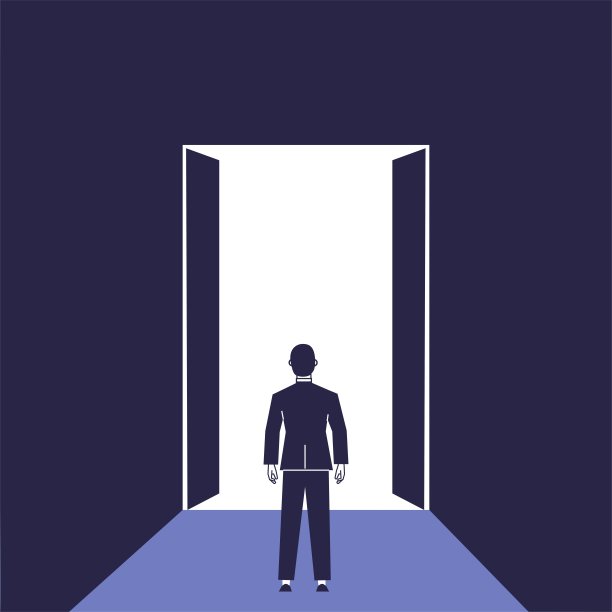 商人站在敞开的门前。决策的概念，新的开始。图片下载