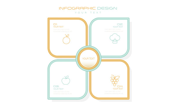 水果图标和文字在图表圆形图表矢量设计股票插图
信息图，四个对象，水果图片下载