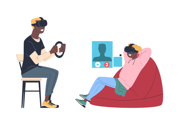 男人和女人戴着虚拟现实耳机沉浸在抽象的虚拟现实世界矢量集图片下载