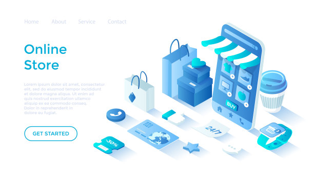 网上商店。移动应用程序。网上购物，电子商务，24小时服务。在线订购食品杂货。登陆页面模板的网页上的白色背景。图片下载