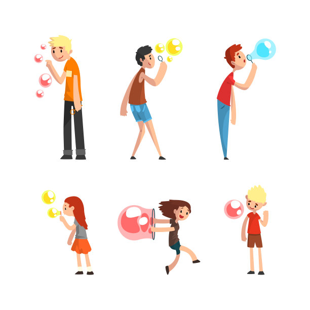 快乐的青少年男孩和女孩吹彩色肥皂泡有乐趣矢量集图片下载