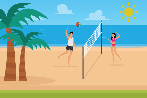 一对夫妇在沙滩上打排球图片下载