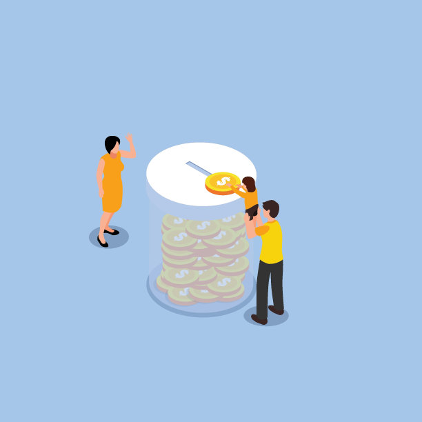 父亲抱着女儿让她的金币掉进玻璃罐里图片下载