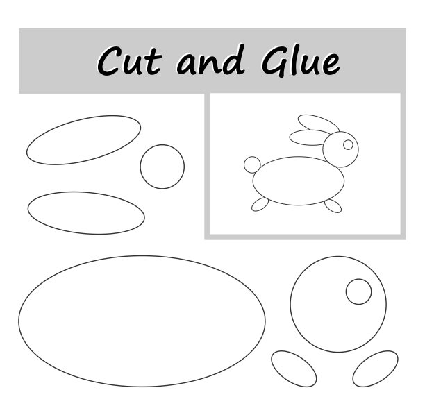 DIY工作表。上色，剪下图像的部分，然后粘在纸上。卡通兔子。图片下载