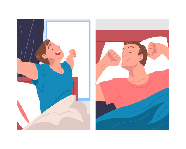 男人性格醒来感觉快乐伸展在床上准备起床在早上矢量集图片下载