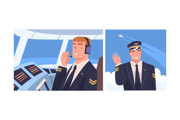 男子飞机飞行员或飞行员在帽和制服微笑坐在控制面板和挥手矢量集图片下载