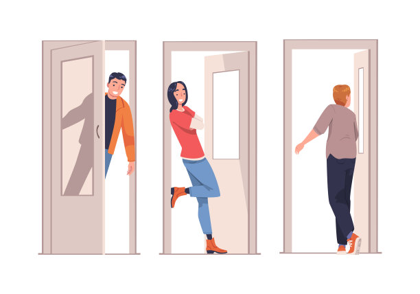 男人和女人的性格在敞开的门离开和回家矢量集图片下载