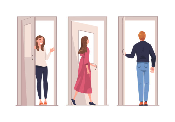 男人和女人的性格在敞开的门离开和回家矢量集图片下载