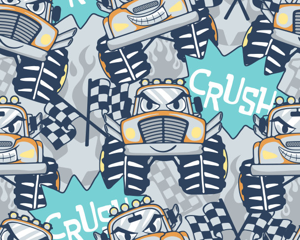 怪物卡车卡通与赛车元素的无缝图案图片下载