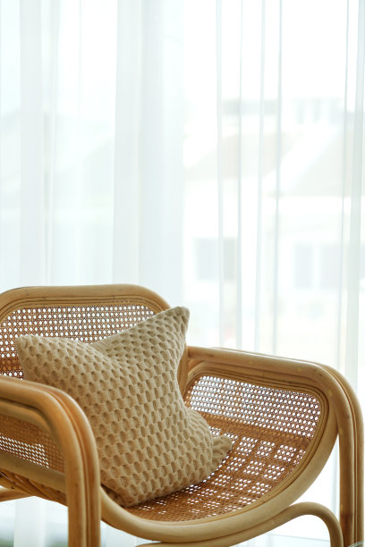 靠近一张装饰着米色枕头的柳条椅子，在一个舒适的现代办公室等候区图片下载