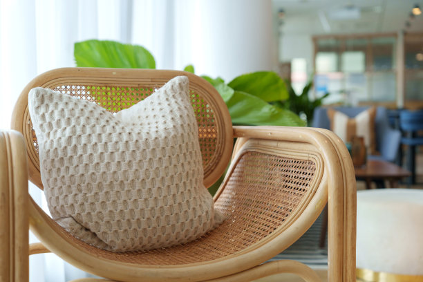 靠近一张装饰着米色枕头的柳条椅子，在一个舒适的现代办公室等候区图片下载
