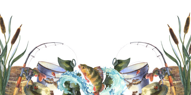 鱼竿架，鱼竿，鱼盘和鱼篓。水彩插图。为标签，明信片，横幅，包装设计解决方案。图片下载