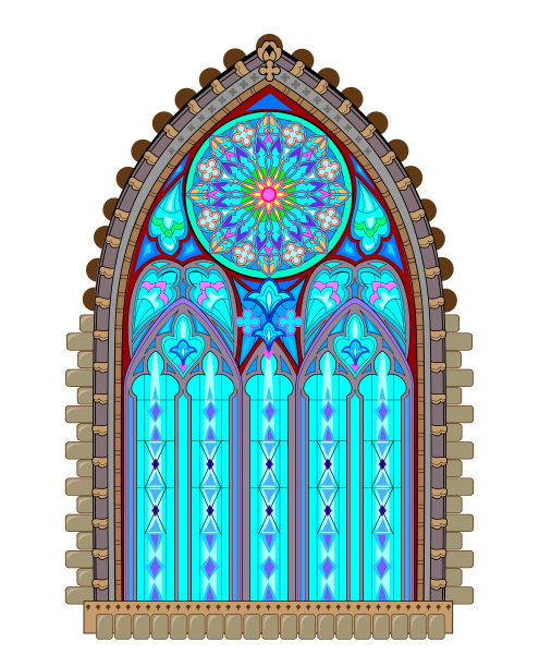 美丽的彩色中世纪彩色玻璃窗与玫瑰。尖拱哥特式建筑风格。法国教堂的建筑。现代印刷。西欧的中世纪。矢量图像。图片下载