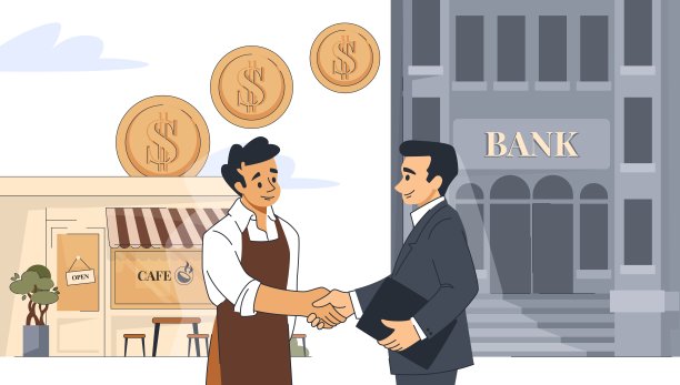 小额贷款。偿还金融债务的企业家。店主从银行贷取现金。商人和贷款人。银行和咖啡厅。矢量图解概念图片下载