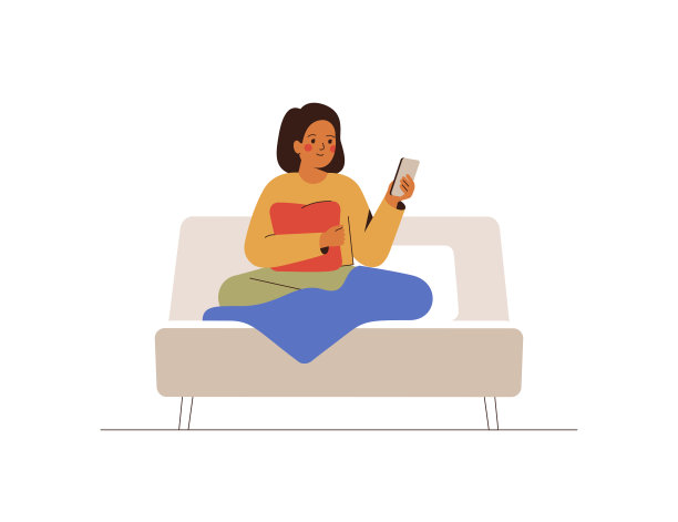 年轻女子患有睡眠障碍，在床上玩手机。十几岁的女孩在睡前用手机上网。图片下载