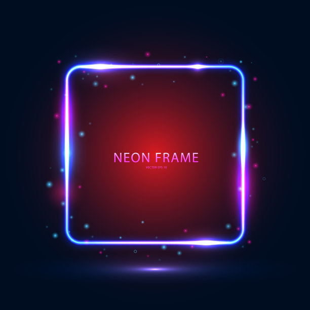 霓虹灯方形框架与闪亮的效果和高光在深蓝色红色的背景。图片下载