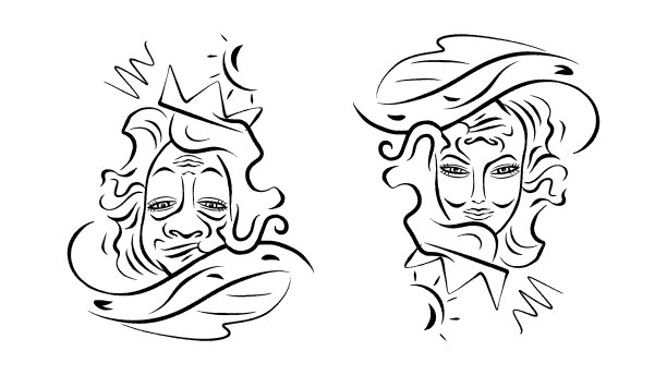 这幅极简主义的矢量图在白色背景上有一个独特的属性——从一个角度看，它描绘了一个卡通国王的头，而当它倒过来看时，它描绘了一个戴着羽毛帽子的时髦女人的脸。设计特点是两个版本并排图片下载