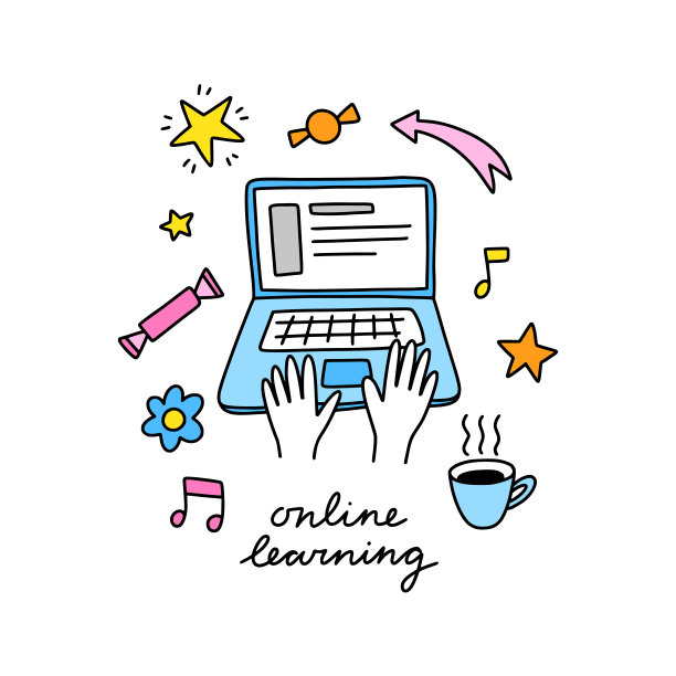 在线学习矢量剪贴画。在线教育涂鸦插图图片下载