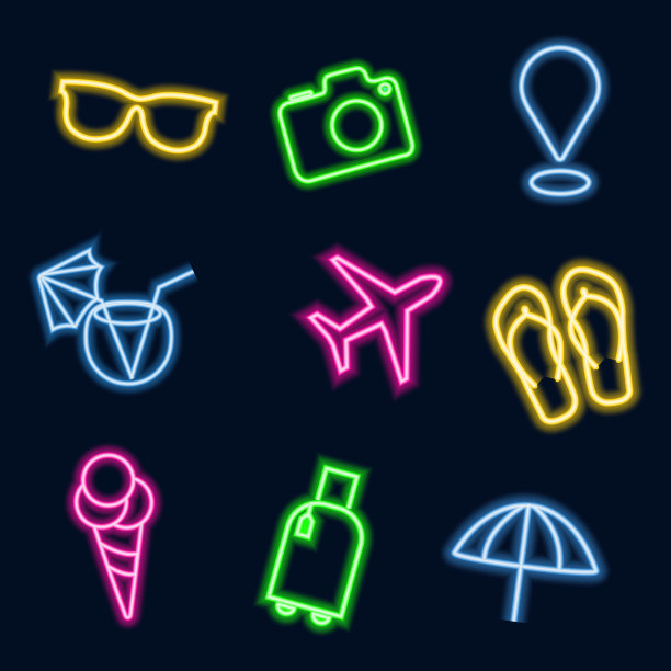 一组发光的霓虹灯旅行图标图片下载