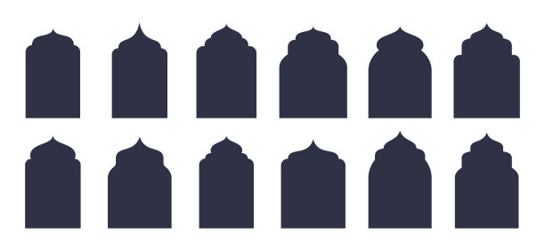 阿拉伯拱形门。东方的窗户或门框，穆斯林清真寺的窗户轮廓，拱门框架平面矢量插图集合图片下载