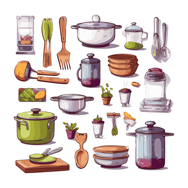 厨房用具设置平面设计的图形元素图片下载