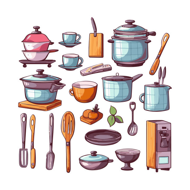 厨房用具设置平面设计的图形元素图片下载