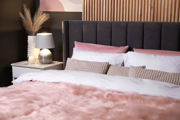 舒适的床与靠垫，灯和不同的装饰在床头柜的房间。时尚的室内图片下载