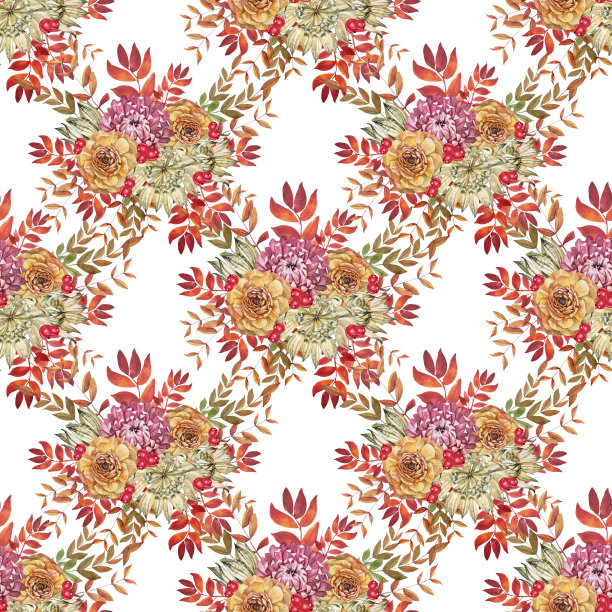 无缝图案与水彩秋天花束与菊花和叶子和浆果在白色的背景。婚礼庆典手绘植物。用于墙纸或包装的艺术品图片下载