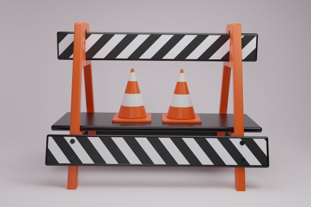 3d渲染两个交通锥与安全道路屏障。白色背景上孤立的条纹交通障碍。公路建设作业区域安全。施工警告标志。矢量写实插图图片下载