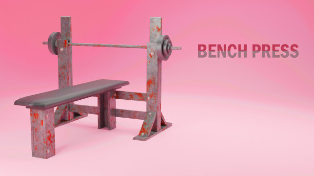 3d逼真的健身房长凳和杠铃在生锈的灰色站孤立在浅红色背景插图图片下载