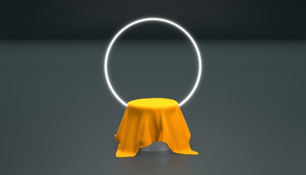 3d平台与布橙色背景黑色与圆形霓虹灯白色。三维插图渲染图片下载