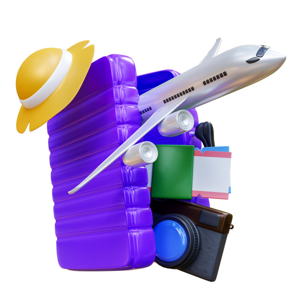 度假和旅行。飞行飞机旅行旅游飞机旅行策划世界旅游行李机票及旅游配件。休闲度假理念。三维渲染图片下载