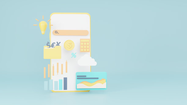 信息图的概念。商业概念与智能手机和灯泡，步骤或流程，计算器，硬币和文件夹在浅蓝色的背景。三维渲染图片下载