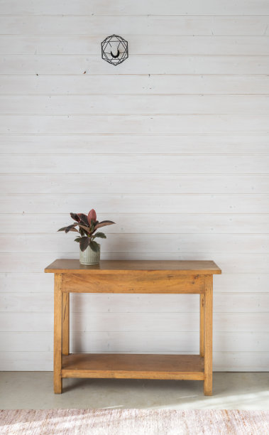 橡木边桌上的灰色花盆里五颜六色的绿叶植物的垂直视图图片下载