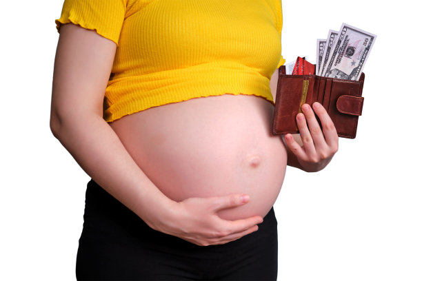 一个孕妇钱包里的美元和信用卡，被隔离在白色背景上图片下载