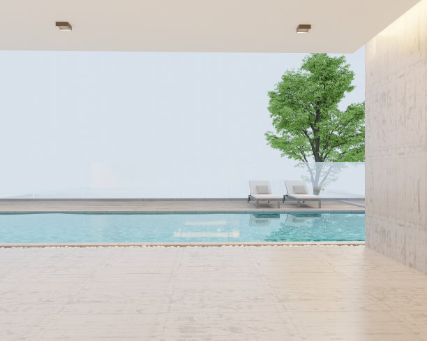 一个简单的现代空地下室露台，有抛光的水泥瓷砖地板和抛光的水泥墙，俯瞰成熟的树木和游泳池。装饰着3D日光躺椅图片下载