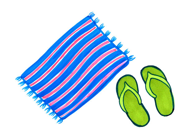 一组两个沙滩物件毛巾和拖鞋被隔离在白色背景上。图片下载