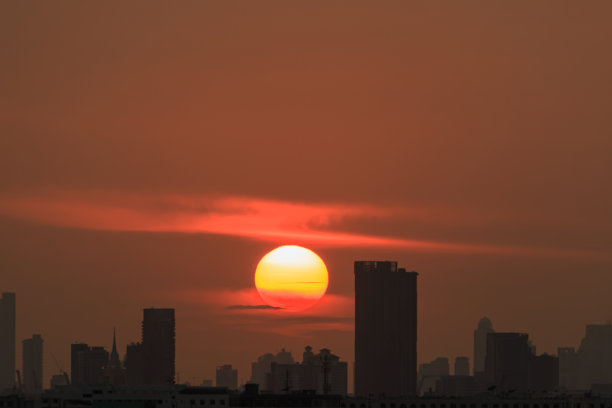 夕阳与城市建筑的剪影。图片下载