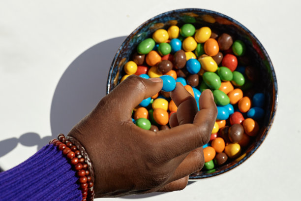 最小的俯视图，无法辨认的黑人拿着彩色糖果在白色图片下载