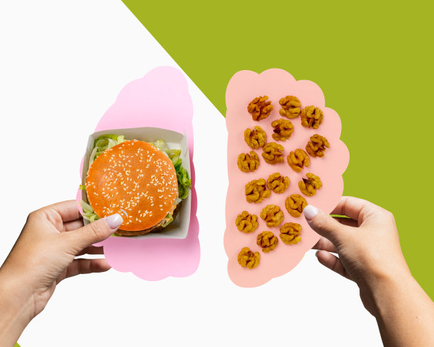 做出选择。汉堡和坚果。遵循健康和不健康的营养。维生素和有害的卡路里。当代艺术拼贴。图片下载