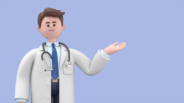 男医生林肯的3D插图展示了邀请的姿态。快乐专业高加索男性专家。在蓝色背景上隔离的医学演示剪贴画图片下载