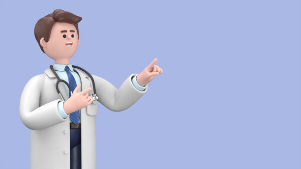男医生林肯的3D插图给你指路，他的手指指向广告空白的复制空间。最小的风格。在蓝色背景上隔离的医学演示剪贴画。图片下载