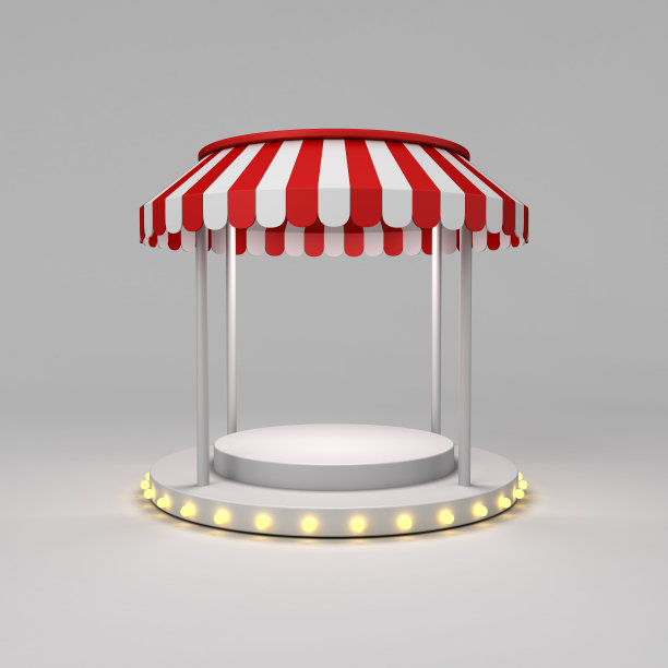 空白的舞台讲台基座与红白条纹圆顶遮阳篷或产品展示获奖的展台平台，灯泡隔离在白色背景上，阴影最小的概念3D渲染图片下载