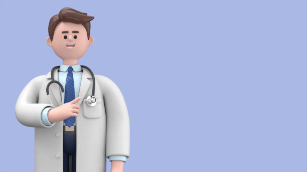 男医生林肯的3D插图给你指路，他的手指指向广告空白的复制空间。最小的风格。在蓝色背景上隔离的医学演示剪贴画。图片下载
