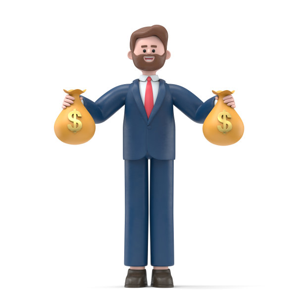 长着胡子的美国商人鲍勃站在他的怀里抱着大现金钱袋的3D插图。白色背景的3D渲染。图片下载