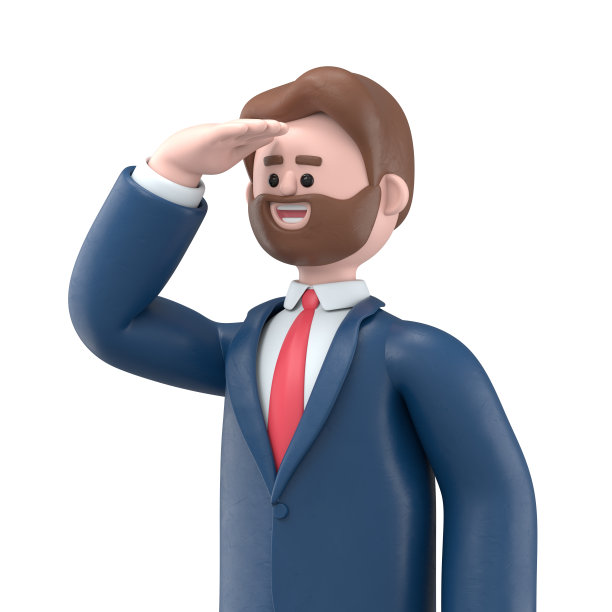 长着胡子的美国商人鲍勃站着，手牵着手，看着远处。白色背景的3D渲染。图片下载