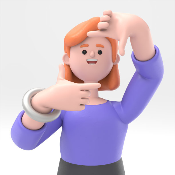 欧洲女商人艾伦用双手制作框架标志的3D插图，准备被拍照。从光明的角度看待生活。白色背景的3D渲染。图片下载