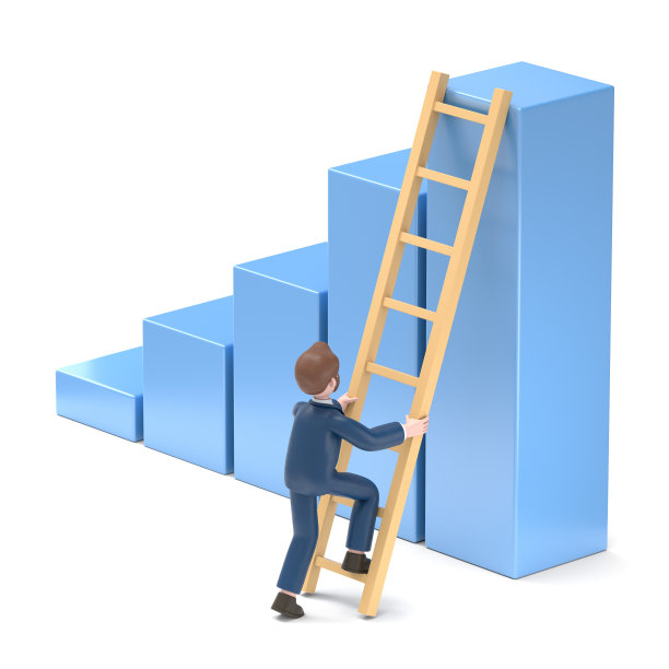 三维插图的大胡子美国商人鲍勃爬上柱图的顶部。白色背景的3D渲染。图片下载