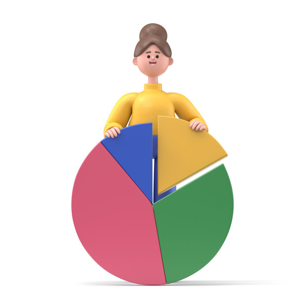 3D插图的亚洲妇女安吉拉剪出一块饼状图。白色背景的3D渲染。图片下载